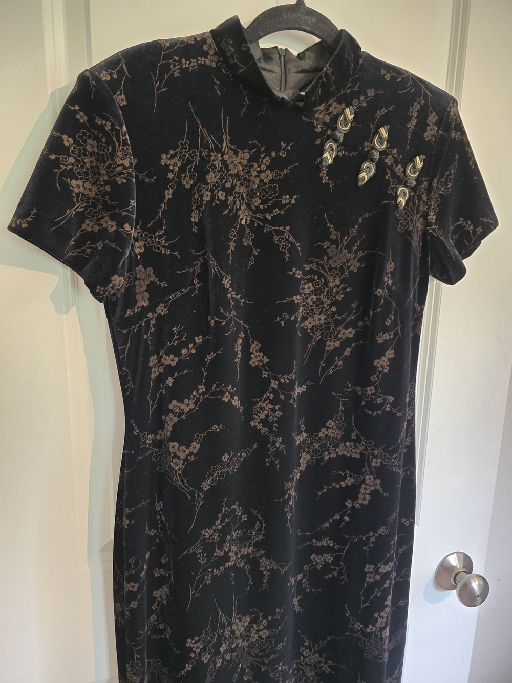 Vintage Black Velvet Floral Maxi Dress with Oriental Mandarin Collar 90s Y2K
